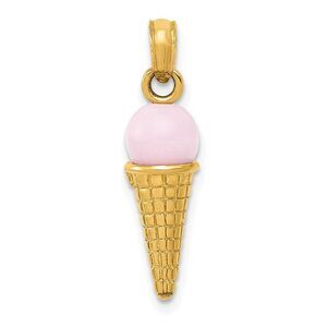 14k Yellow Gold 3D Pink Ice Cream Cone Pendant